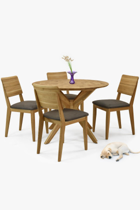 Tömör tölgyfa körasztal 4 barna-szürke kárpitozott székkel étkezőbe